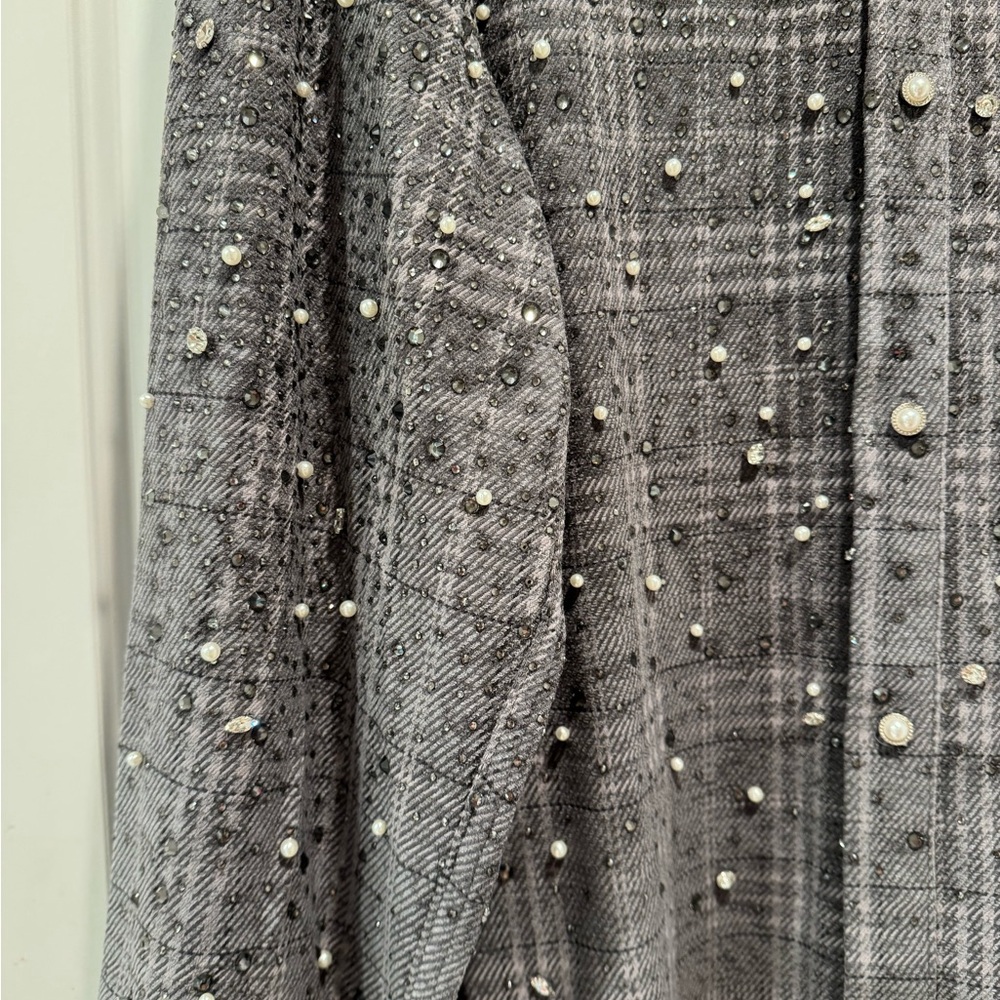 Birth of Royal Child Gray Plaid Button Down Shirt with Diamond and Pearl Accents - Picture 6 of 10